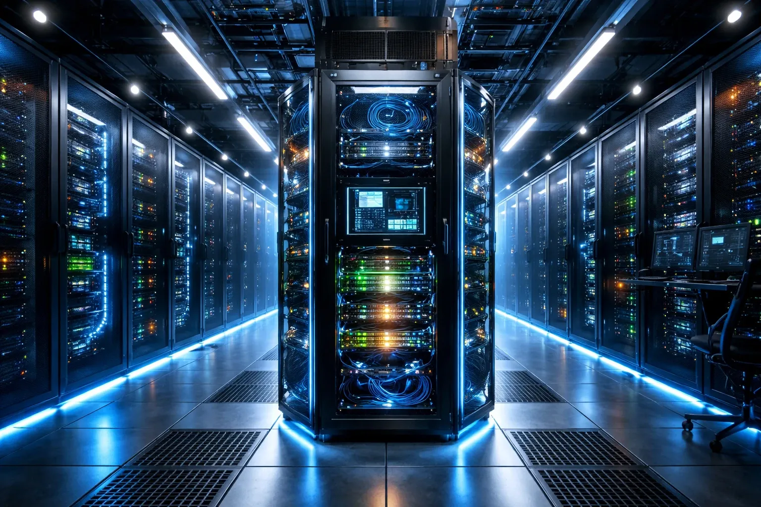 Serverrack in einem beleuchteten Rechenzentrum