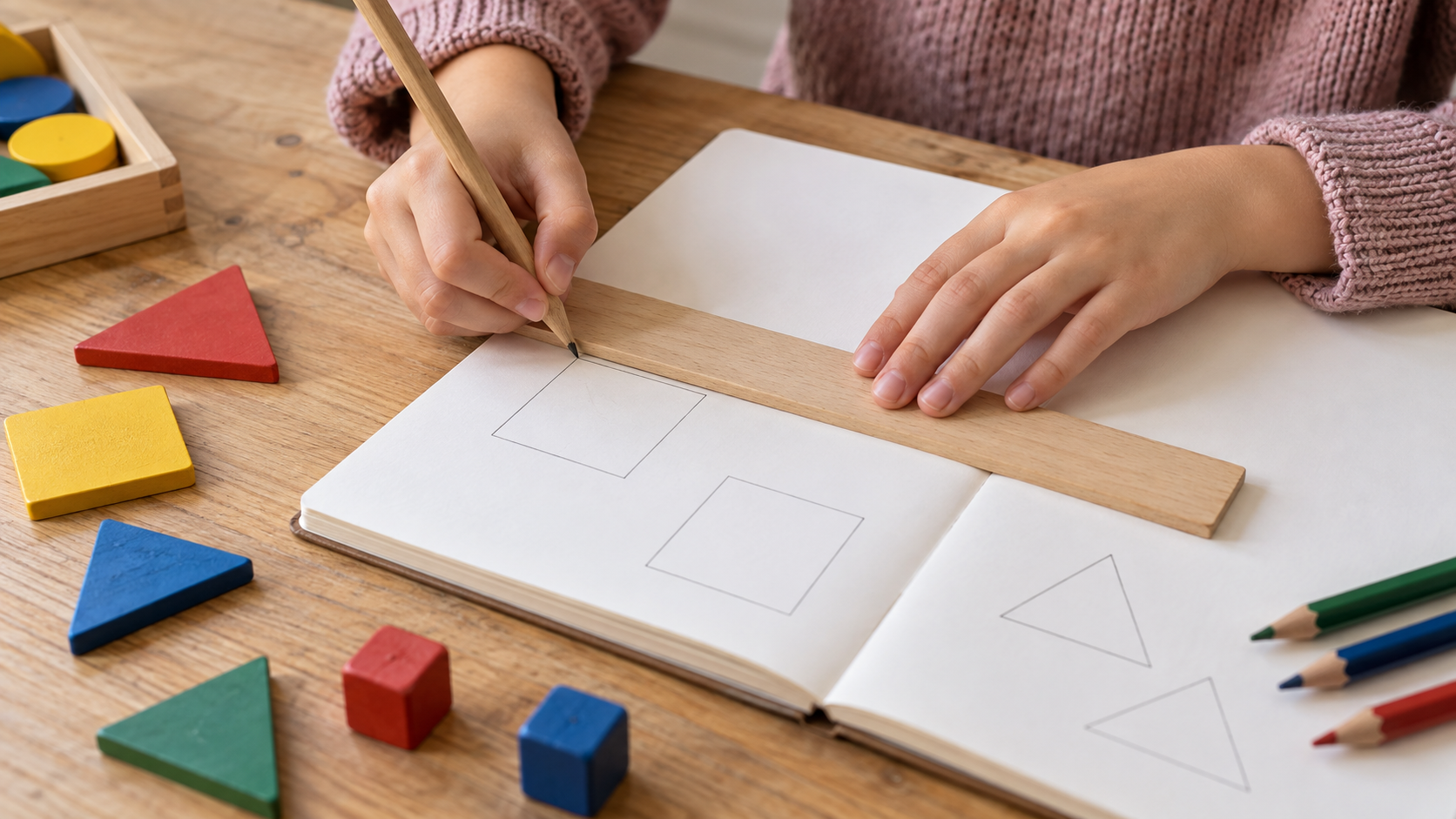 Ein Kind zeichnet geometrische Figuren in ein Heft. Daneben liegen bunte Holzformen und Buntstifte.