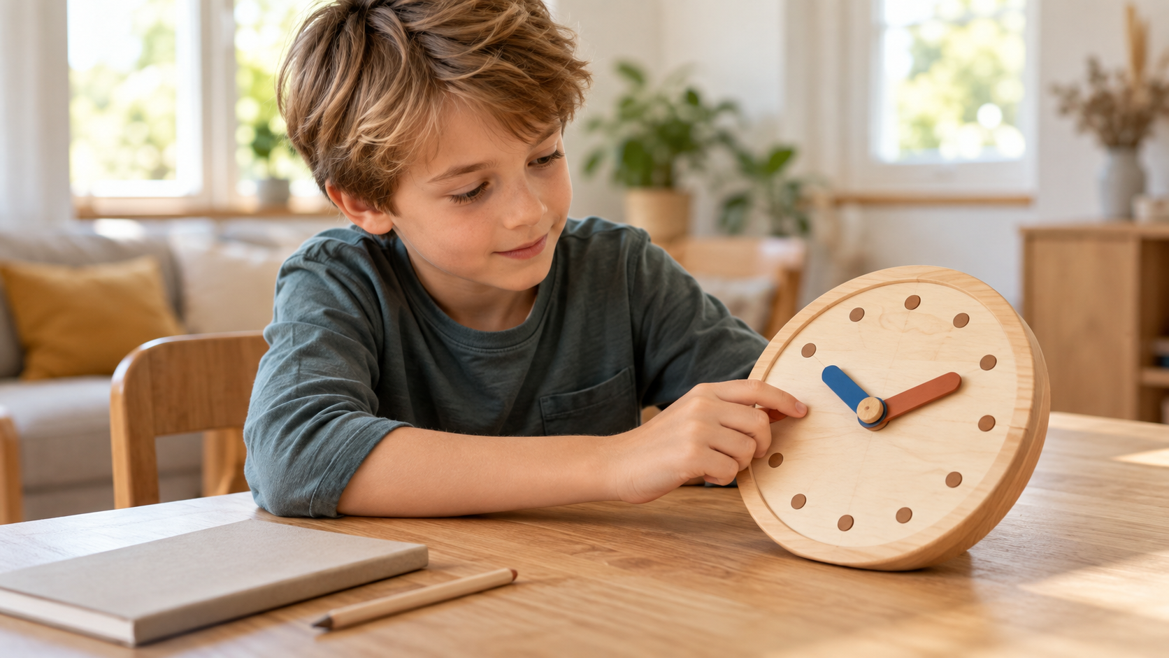 Ein Grundschulkind betrachtet eine Lernuhr aus Holz mit zwei farbigen Zeigern.