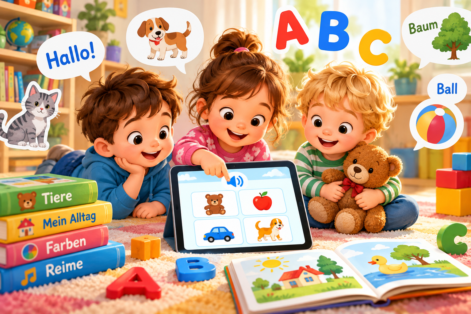 Drei Kinder entdecken spielerisch die deutsche Sprache mit interaktiven Bildaufgaben, Hörübungen, Buchstaben und Bilderbüchern auf Schlaumik.