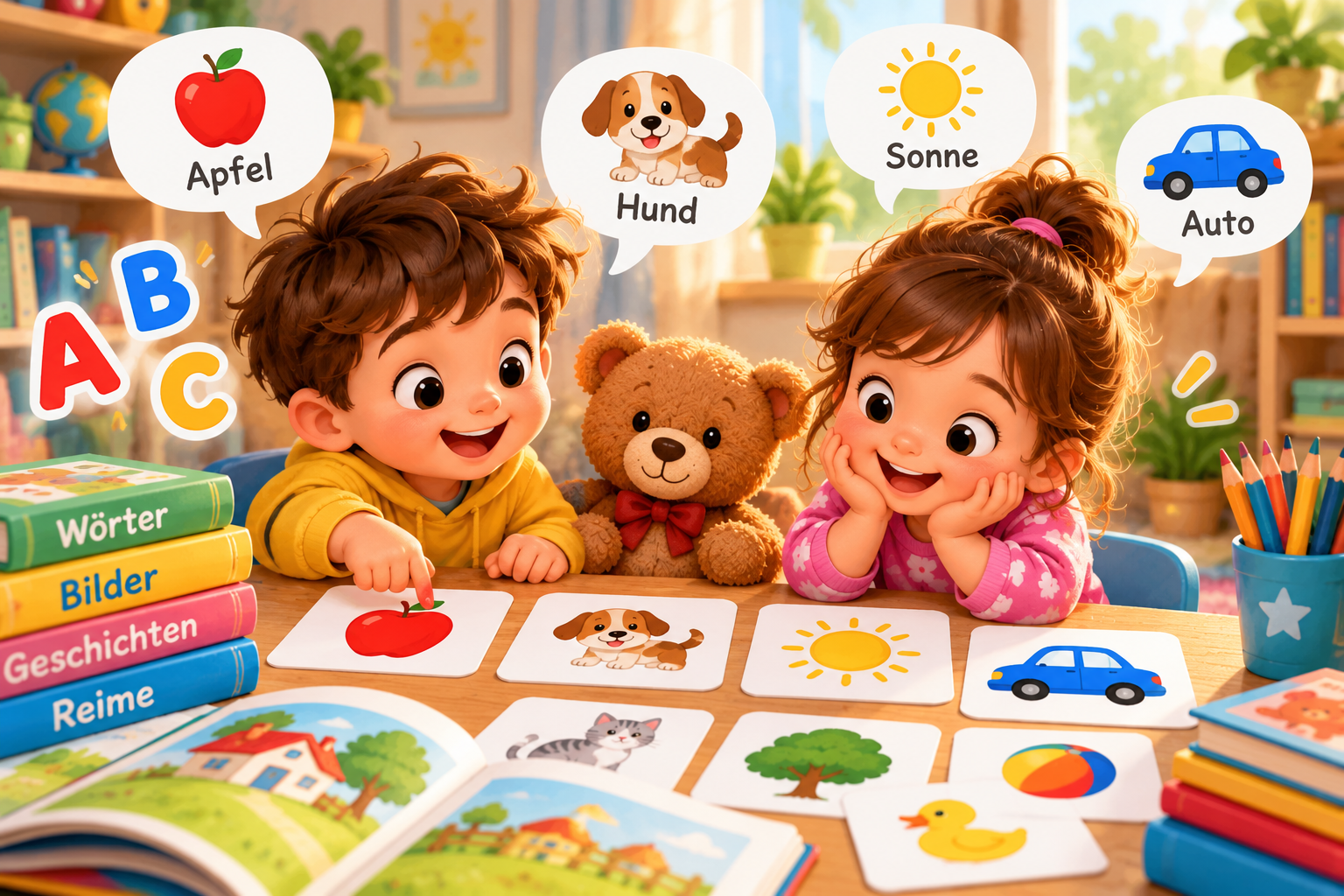 Zwei Kinder entdecken deutsche Wörter mit Bildkarten, Buchstaben und Sprachspielen.