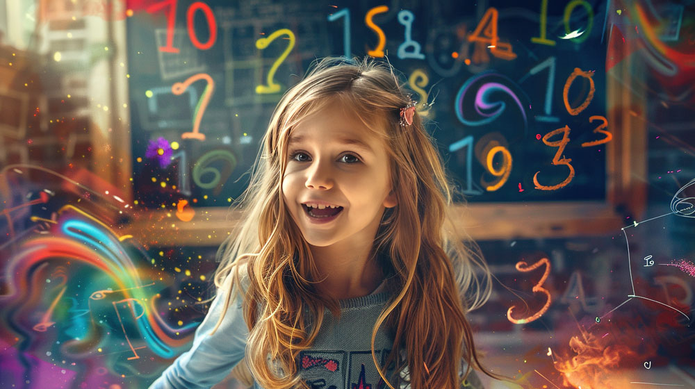 Lächelndes Mädchen in einem Klassenzimmer, umgeben von bunten, schwebenden Zahlen und mathematischen Symbolen.