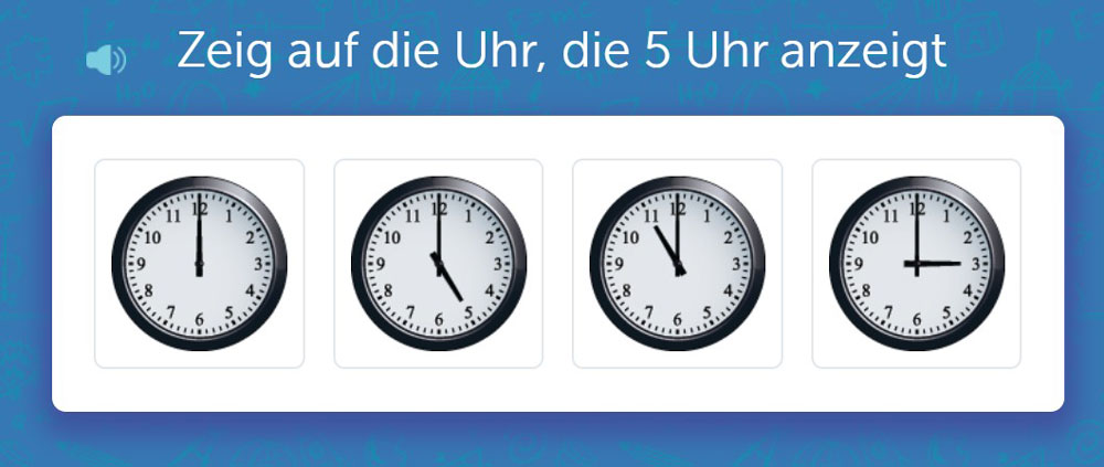 Vier analoge Uhren mit unterschiedlichen Uhrzeiten. Gesucht ist die Uhr, die 5 Uhr anzeigt.