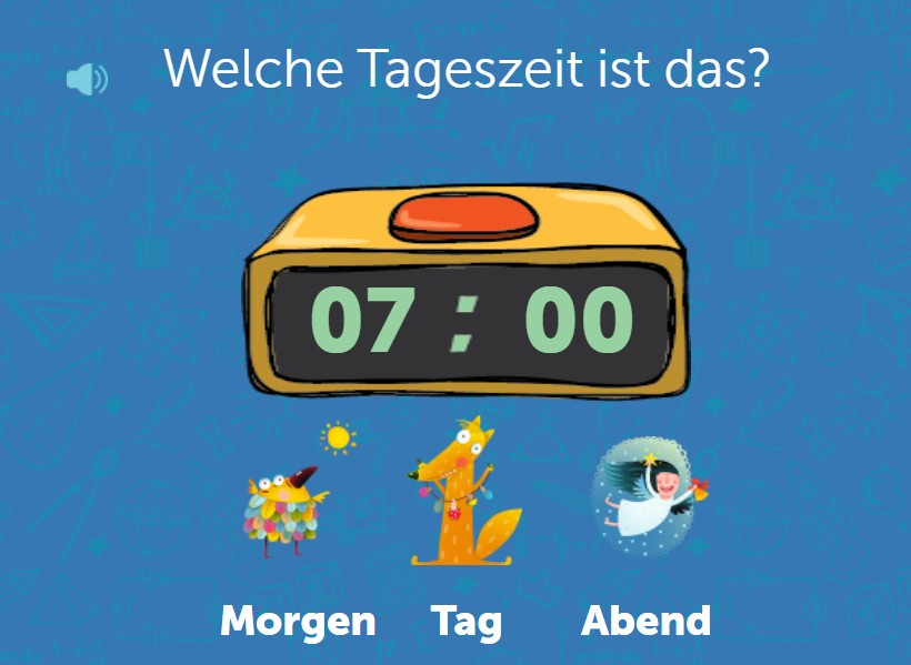 Digitale Uhr zeigt 07:00 Uhr, darunter die Auswahlmöglichkeiten Morgen, Tag und Abend mit passenden Symbolfiguren.
