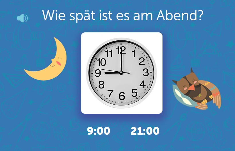 Analoge Uhr zeigt 21:00 Uhr, daneben Auswahl zwischen 9:00 und 21:00 als Antwortmöglichkeiten, umgeben von abendlichen Symbolen wie Mond und schlafender Vogel.