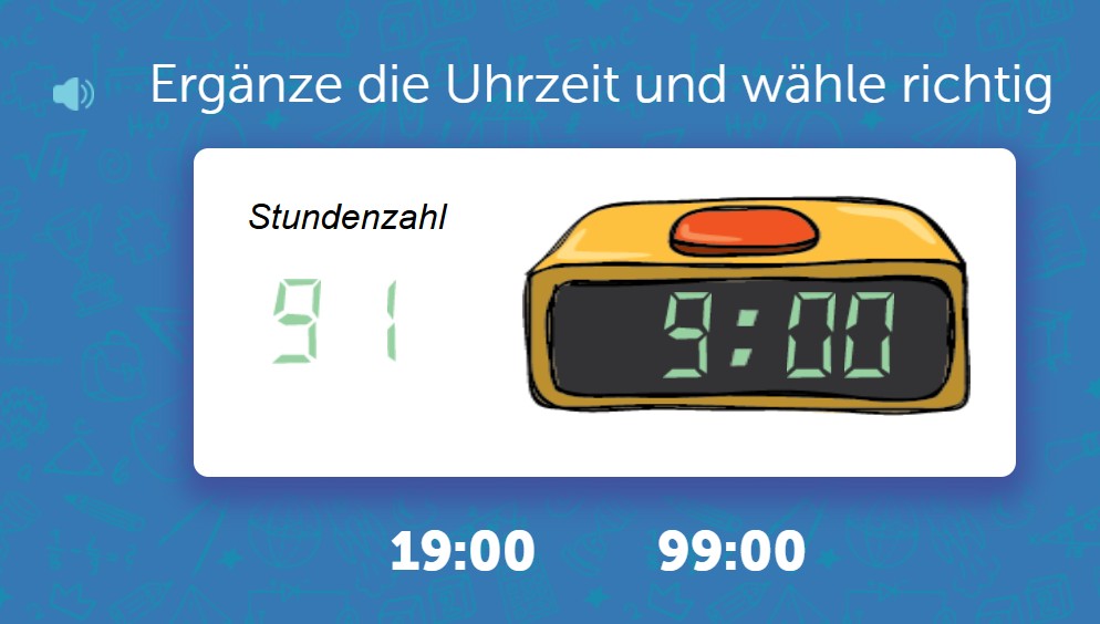 Digitale Uhr mit der Anzeige 9:00, daneben Auswahl zwischen 19:00 und 99:00 als mögliche Antworten.