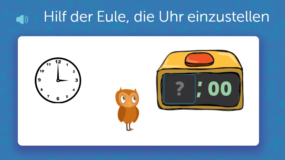 Analoge Uhr zeigt 3:00 Uhr, daneben eine Eule und eine digitale Uhr mit Fragezeichen für die Stundenanzeige.