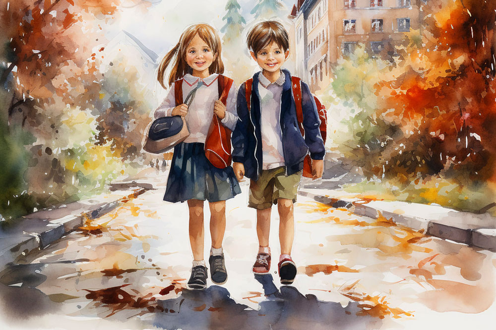 Historische Illustration: Kinder mit Schultüten am ersten Schultag