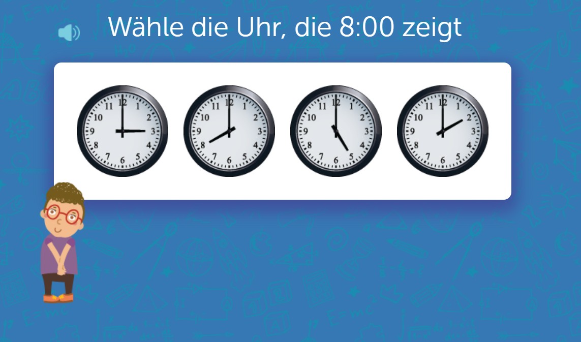 Mehrere analoge Uhren – die richtige Uhrzeit 8:00 auswählen