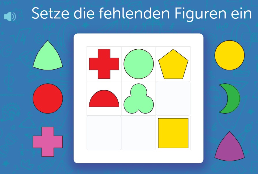 Raster mit geometrischen Figuren: Kreuz, Kreis, Halbkreis – fehlende Formen ergänzen