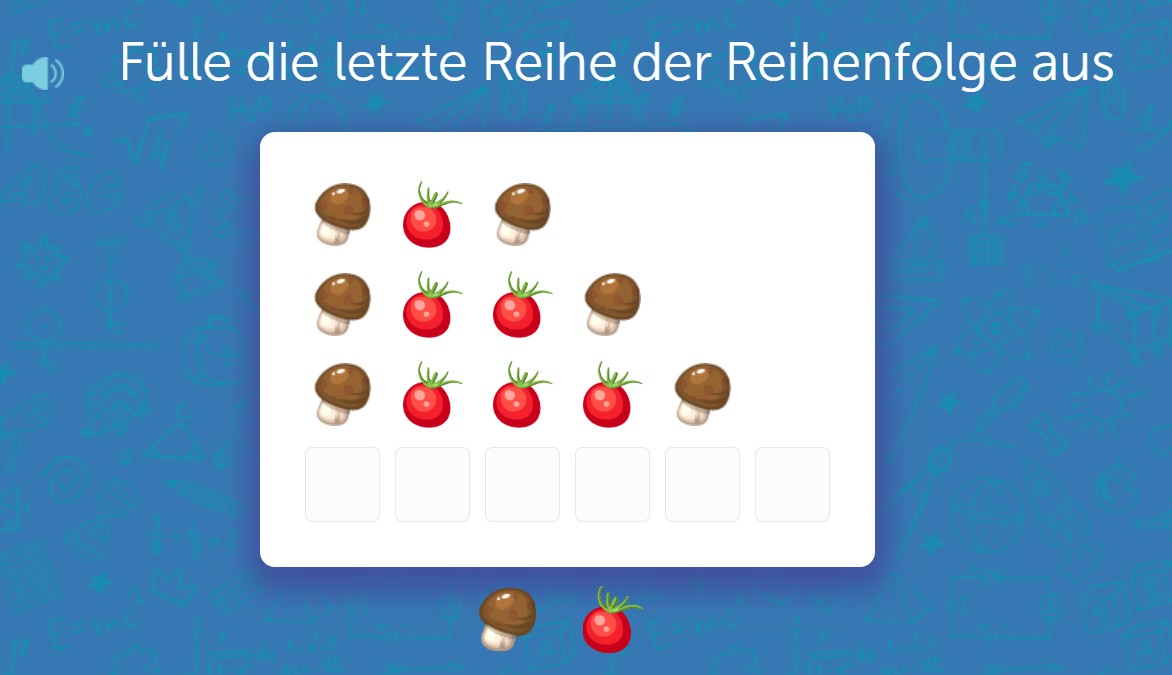 Pilze und Tomaten bilden eine schräge Figur – die letzte Zeile wird logisch ergänzt
