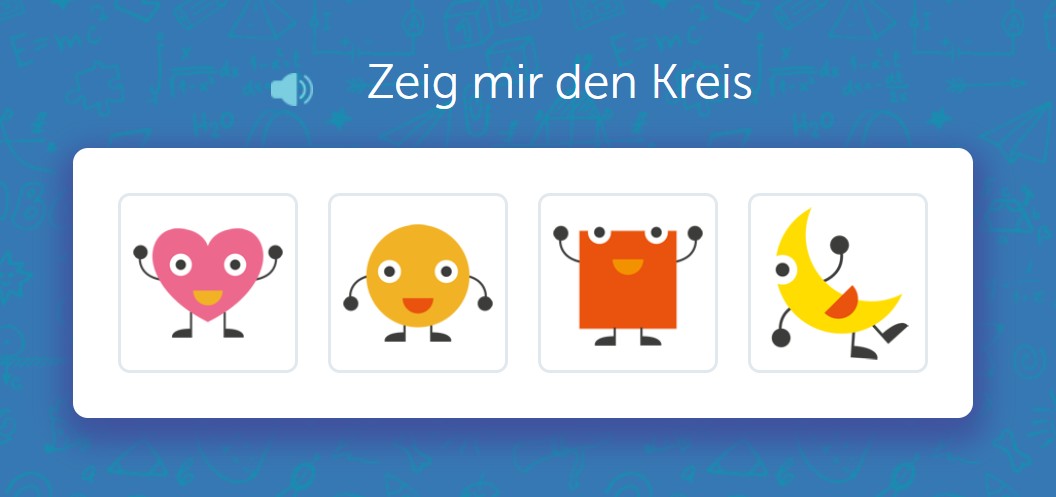 Vier freundliche Figuren: Herz, Kreis, Quadrat und Mondsichel. Aufforderung: Zeig mir den Kreis.