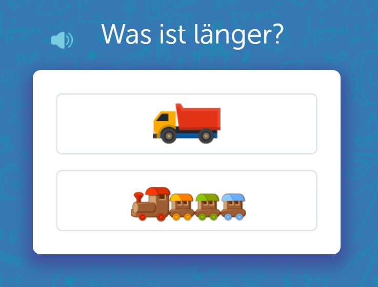 Zwei Bilder: Kipper und Zug. Frage: Was ist länger?