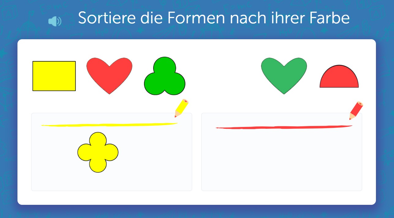 Bunte Formen werden in farbige Bereiche sortiert. Gelber Bereich bereits gefüllt.