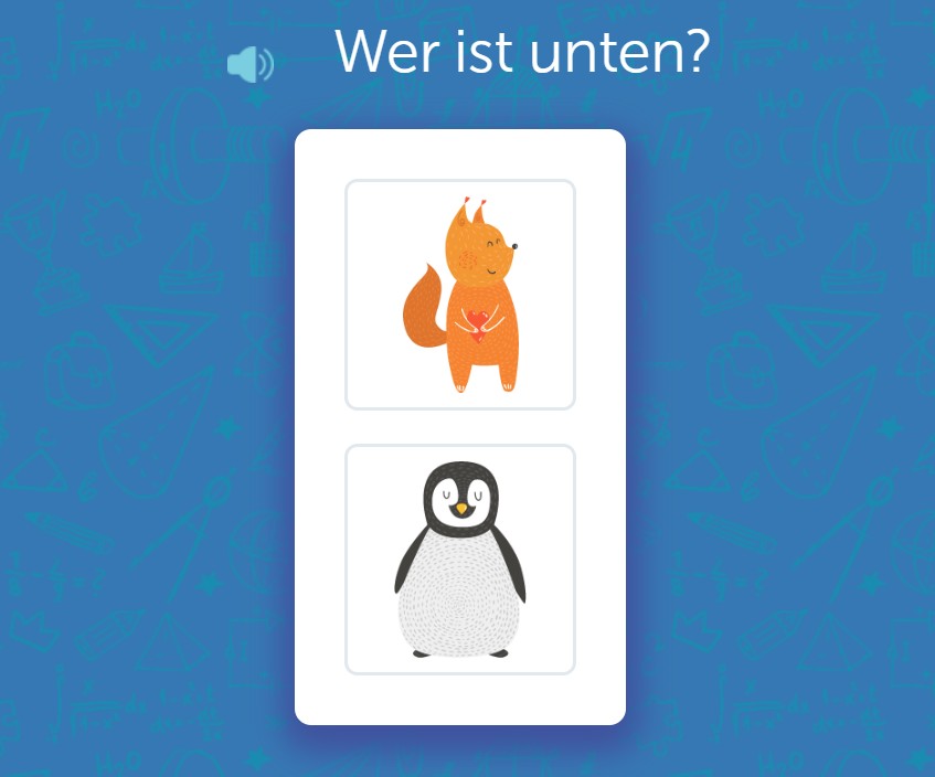 Zwei Bilder übereinander: Fuchs oben, Pinguin unten. Frage: Wer ist unten?