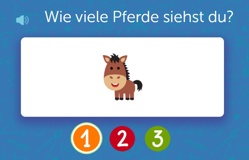 Ein Pferd in der Mitte, darunter Auswahlknöpfe 1, 2, 3. Frage: Wie viele Pferde siehst du?