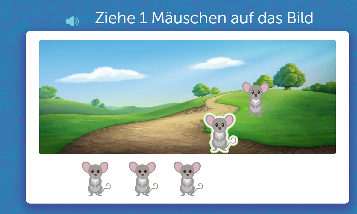 Wiese mit Weg; unten mehrere Mäuse-Sticker. Aufgabe: Ziehe 1 Mäuschen auf das Bild.
