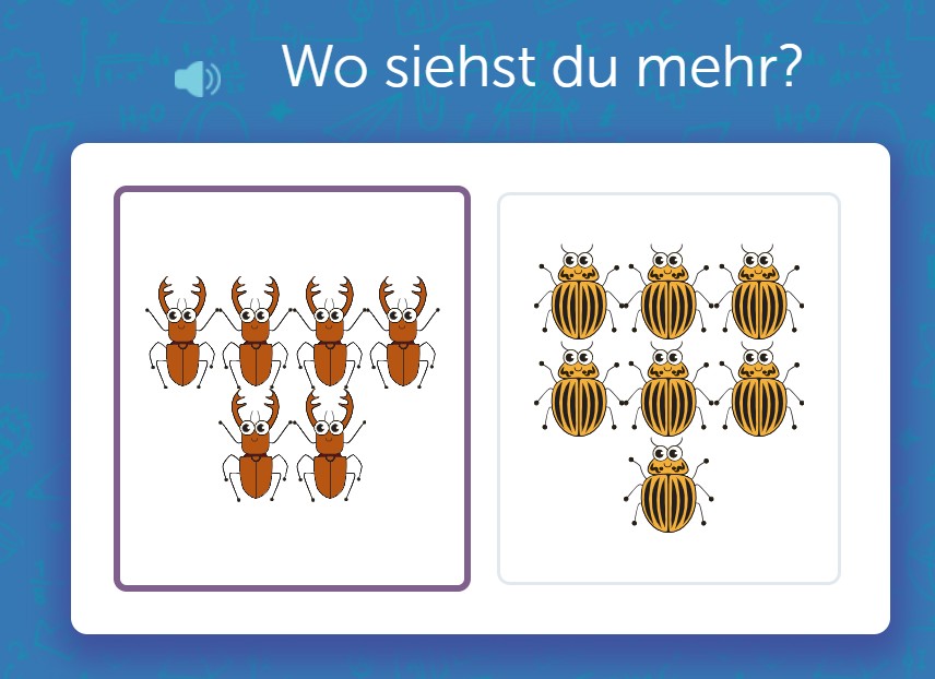 Zwei Felder mit Insekten: links Käferart A, rechts Käferart B. Frage: Wo siehst du mehr?