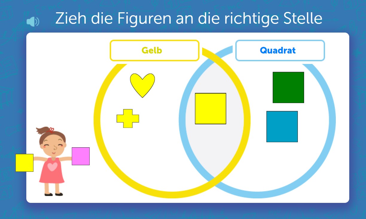 Venn-Diagramm mit zwei Kreisen und verschiedenen Formen. Kinder ordnen Dreiecke und Vierecke zu.