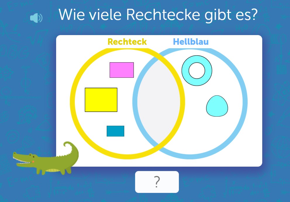 Alltagsbeispiele als Symbole: Tiere, Obst, Spielsachen werden in ein Venn-Diagramm sortiert.