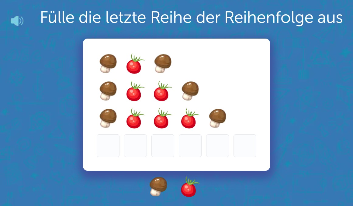 Reihenfolge mit Pilzen und Tomaten vervollständigen