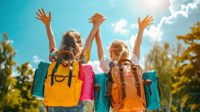 Kinder mit Rucksäcken freuen sich auf die Herbstferien