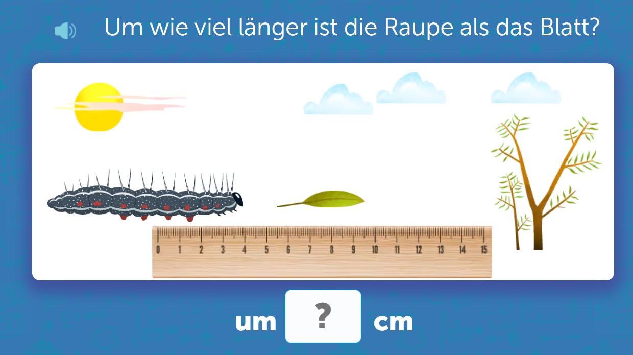 Länge vergleichen: Raupe und Blatt an Lineal