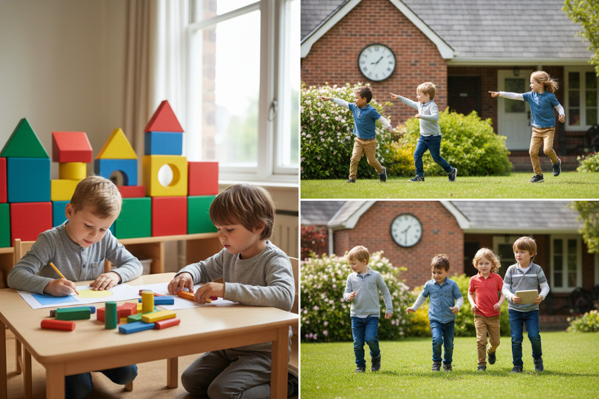 Alltagsszenen zeigen, wie Kinder geometrische Formen zeichnen, sortieren, bauen und draußen wiedererkennen