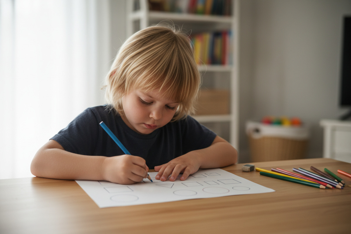 Alltagsszenen zeigen, wie Kinder geometrische Formen zeichnen, sortieren, bauen und draußen wiedererkennen