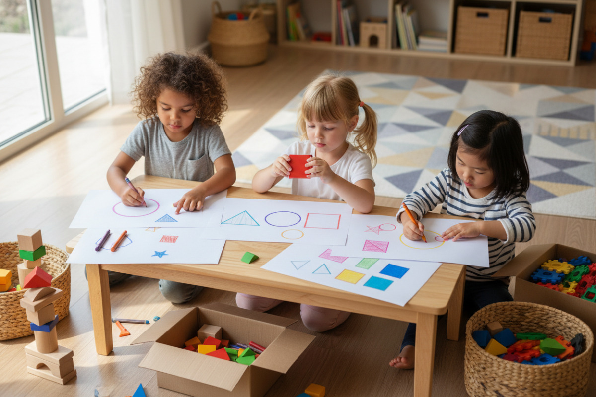 Alltagsszenen zeigen, wie Kinder geometrische Formen zeichnen, sortieren, bauen und draußen wiedererkennen