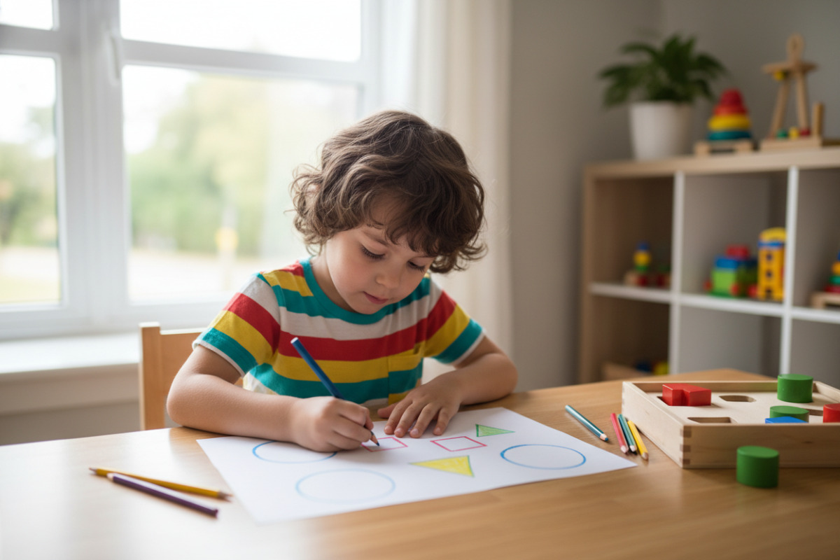 Alltagsszenen zeigen, wie Kinder geometrische Formen zeichnen, sortieren, bauen und draußen wiedererkennen