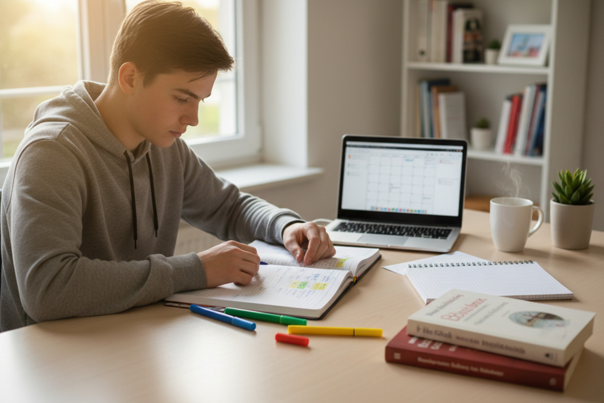 Alltagsszenen, die zeigen, wie Planung, Lernen, Pausen und Gespräche den Weg zum Abitur erleichtern können