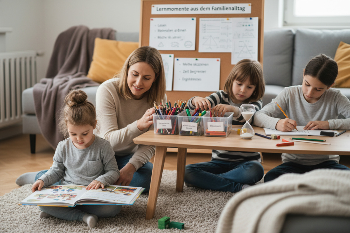 Lernmomente aus dem Familienalltag Lesen, Materialien ordnen, Mathe skizzieren, Zeit begrenzen und Ergebnisse