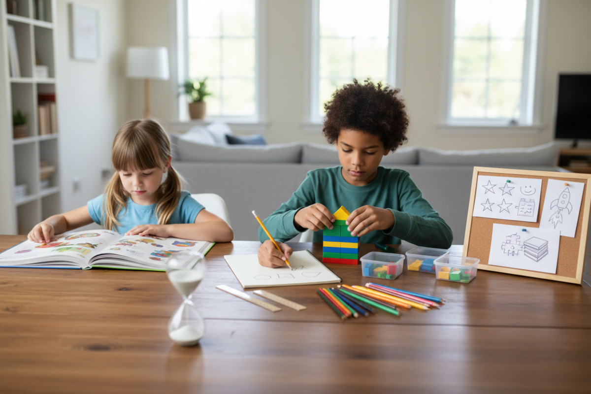 Lernmomente aus dem Familienalltag Lesen, Materialien ordnen, Mathe skizzieren, Zeit begrenzen und Ergebnisse