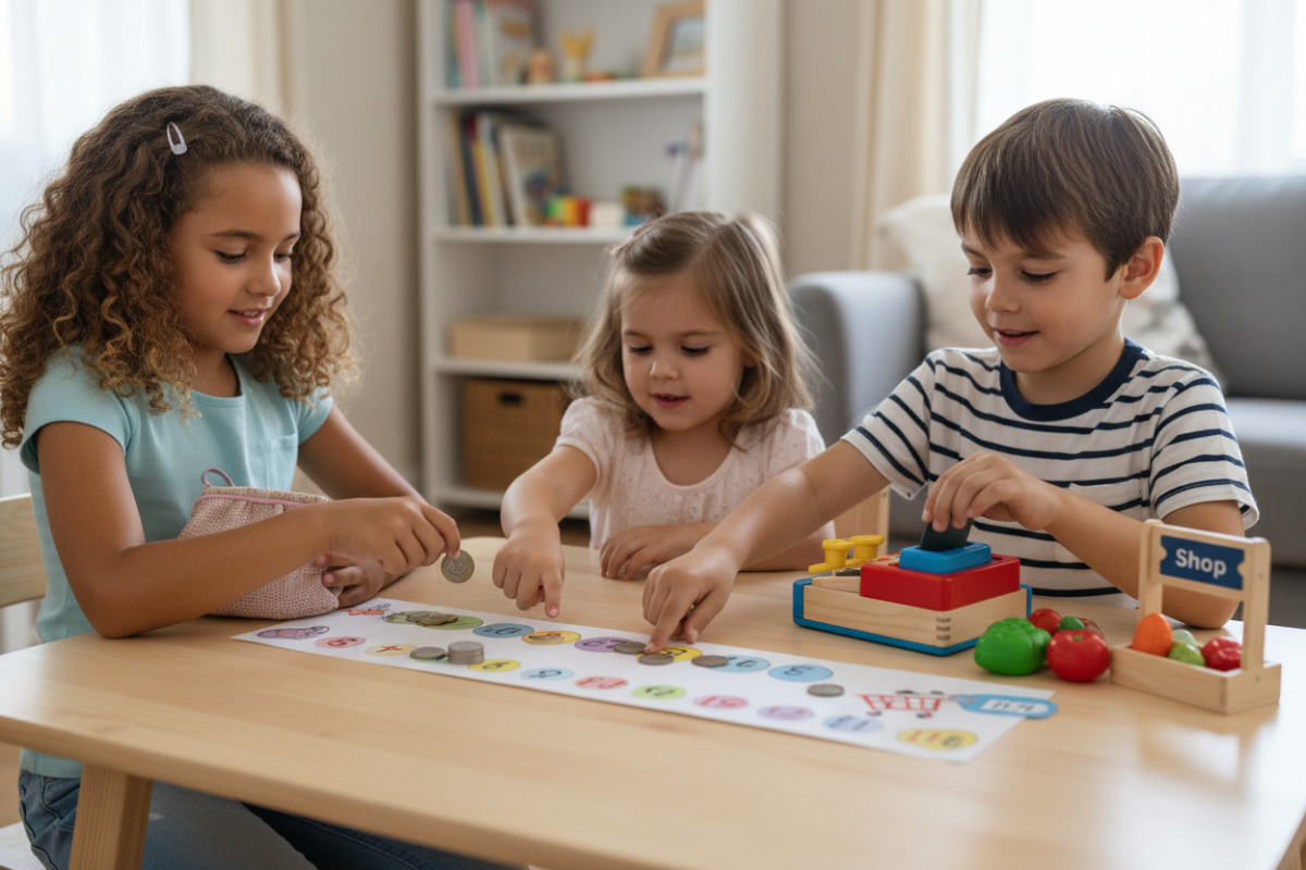 Alltagsszenen, in denen Kinder Rückgeld mit Münzen, Zahlenstrahl und Rollenspiel Schritt für Schritt verstehen