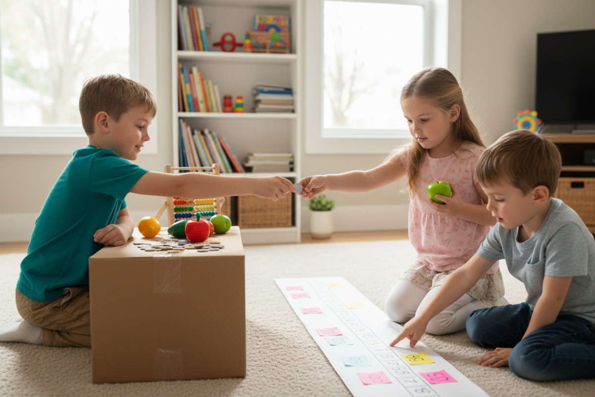 Alltagsszenen, in denen Kinder Rückgeld mit Münzen, Zahlenstrahl und Rollenspiel Schritt für Schritt verstehen
