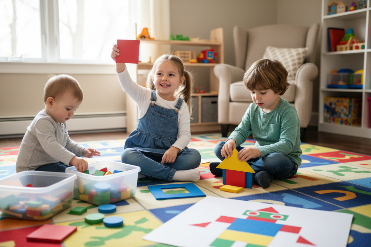 Alltagsszenen, in denen Kinder Kreis, Dreieck, Quadrat und Rechteck erkennen, sortieren und zu Bildern zusammensetzen