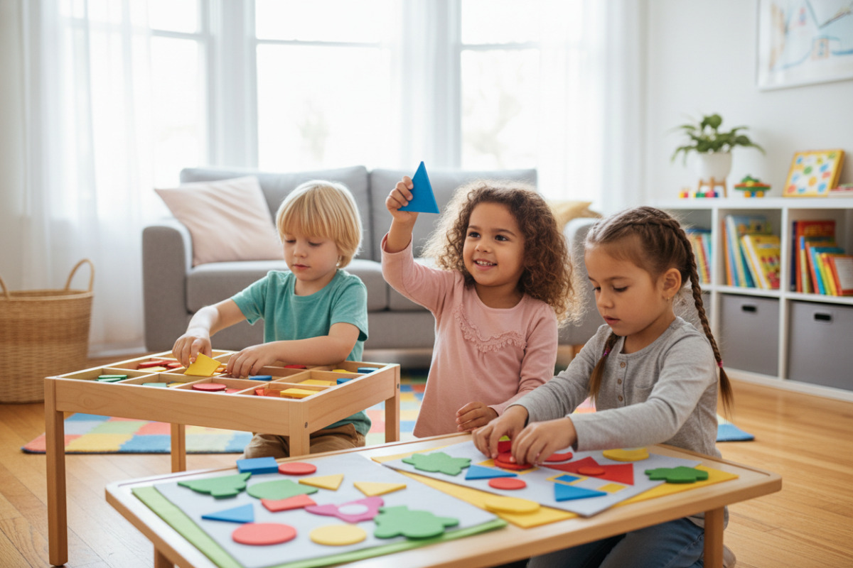 Alltagsszenen, in denen Kinder Kreis, Dreieck, Quadrat und Rechteck erkennen, sortieren und zu Bildern zusammensetzen