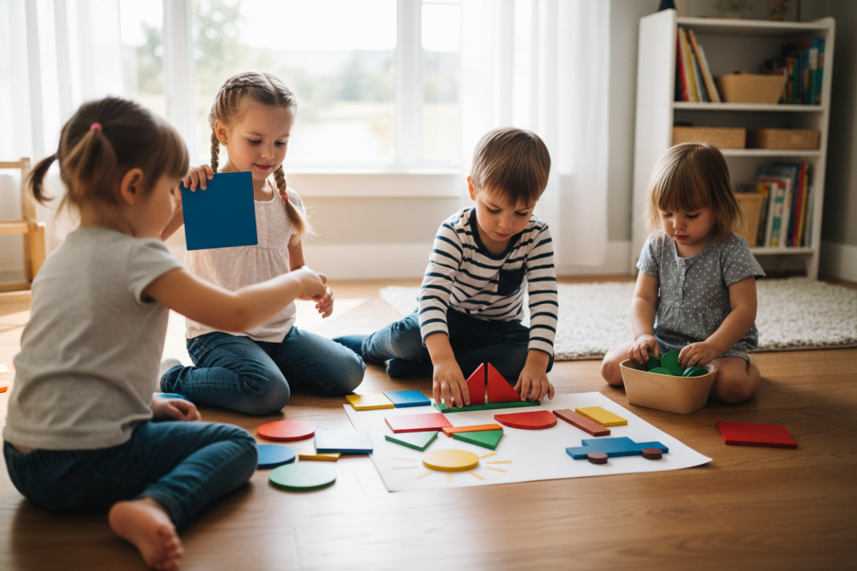 Alltagsszenen, in denen Kinder Kreis, Dreieck, Quadrat und Rechteck erkennen, sortieren und zu Bildern zusammensetzen
