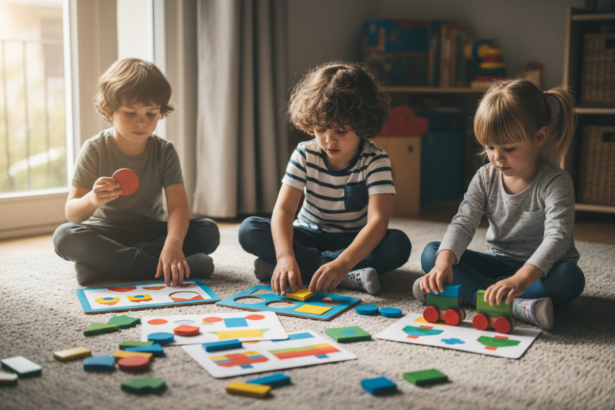 Alltagsszenen, in denen Kinder Kreis, Dreieck, Quadrat und Rechteck erkennen, sortieren und zu Bildern zusammensetzen
