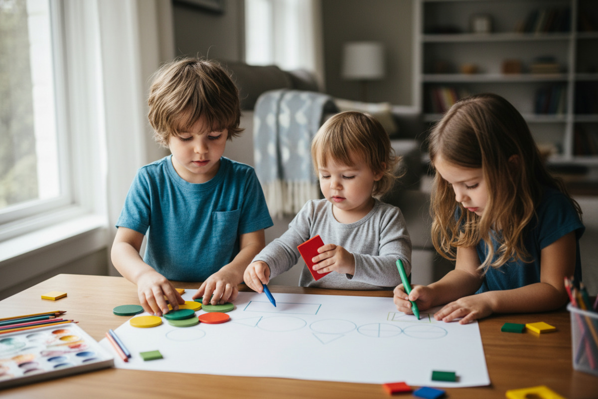 Alltagsszenen, in denen Kinder Kreise, Dreiecke, Quadrate und Rechtecke entdecken, legen und zeichnen