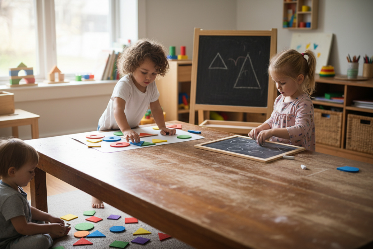 Alltagsszenen, in denen Kinder Kreise, Dreiecke, Quadrate und Rechtecke entdecken, legen und zeichnen