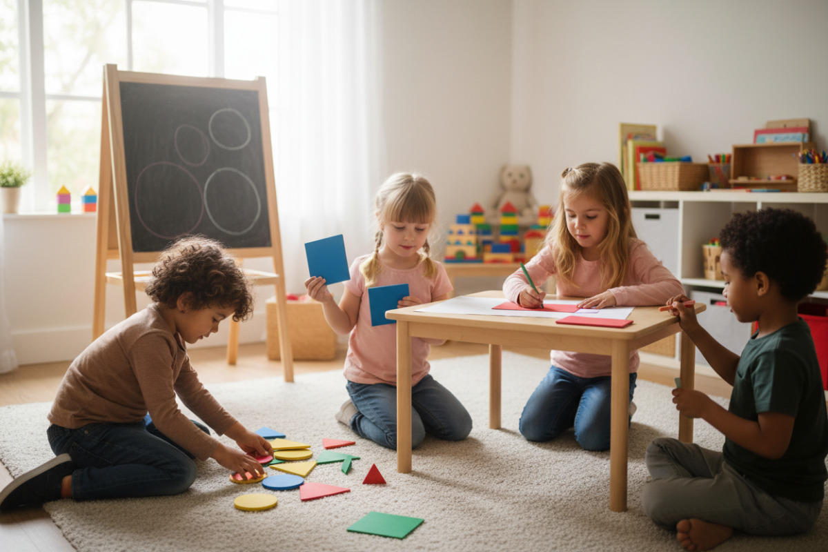 Alltagsszenen, in denen Kinder Kreise, Dreiecke, Quadrate und Rechtecke entdecken, legen und zeichnen