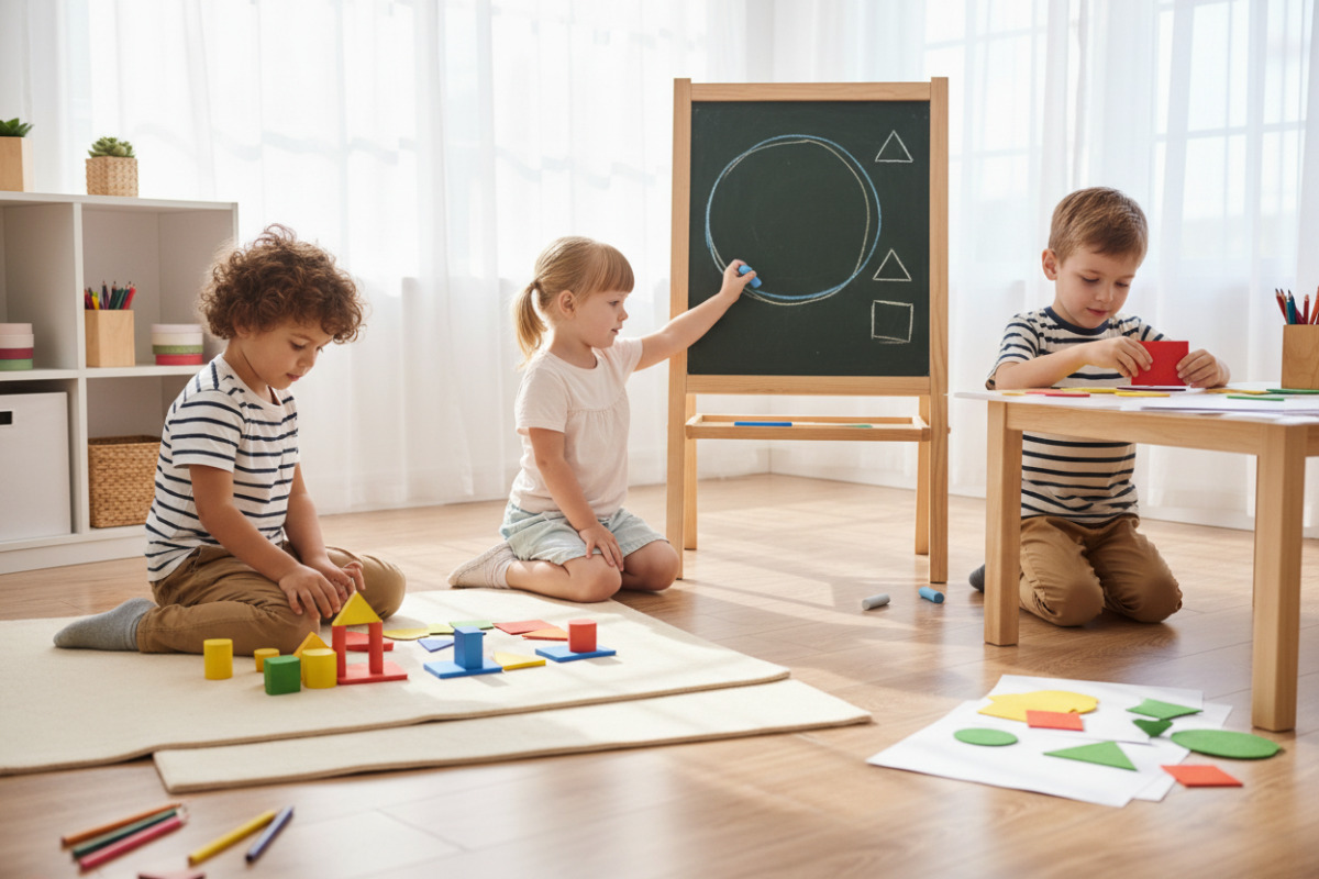 Alltagsszenen, in denen Kinder Kreise, Dreiecke, Quadrate und Rechtecke entdecken, legen und zeichnen