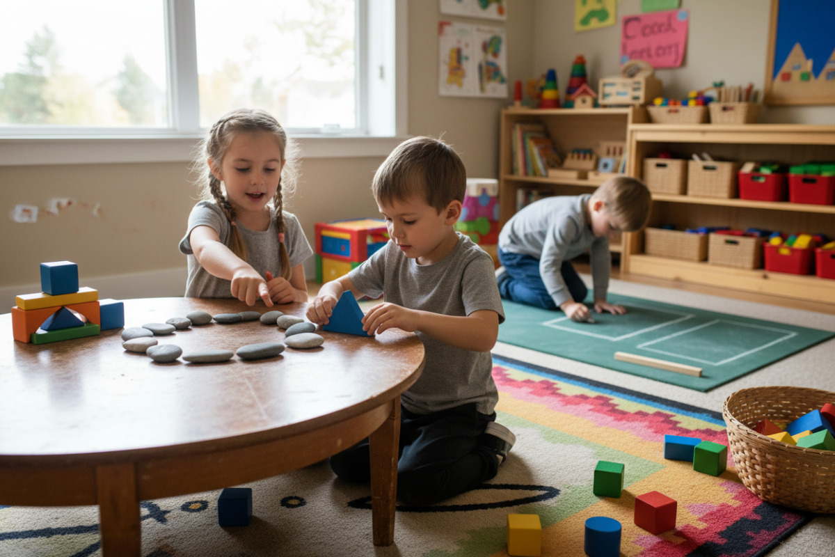 Alltagsszenen, in denen Kinder Kreise, Dreiecke, Quadrate und Rechtecke entdecken, legen und zeichnen