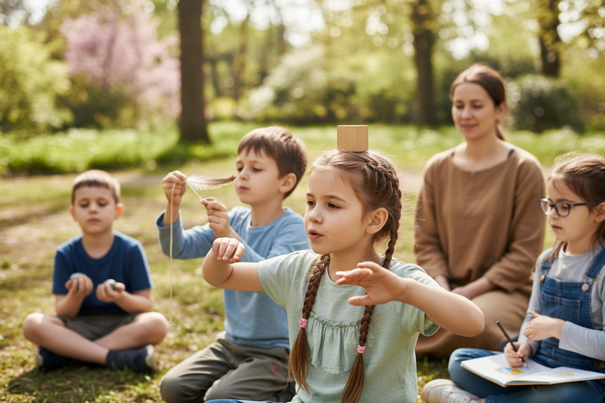 Abb. Draußen üben Kinder Fokus, Sprache und Selbstregulation gleichzeitig.