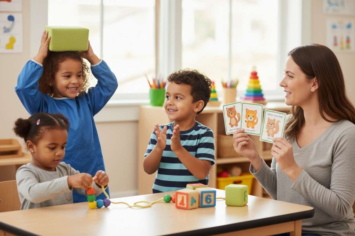 Alltagsszenen, in denen Vorschulkinder spielerisch Aufmerksamkeit, Sprache, Zahlengefühl und Feinmotorik üben