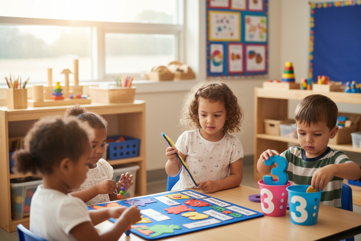 Alltagsszenen, in denen Vorschulkinder spielerisch Aufmerksamkeit, Sprache, Zahlengefühl und Feinmotorik üben