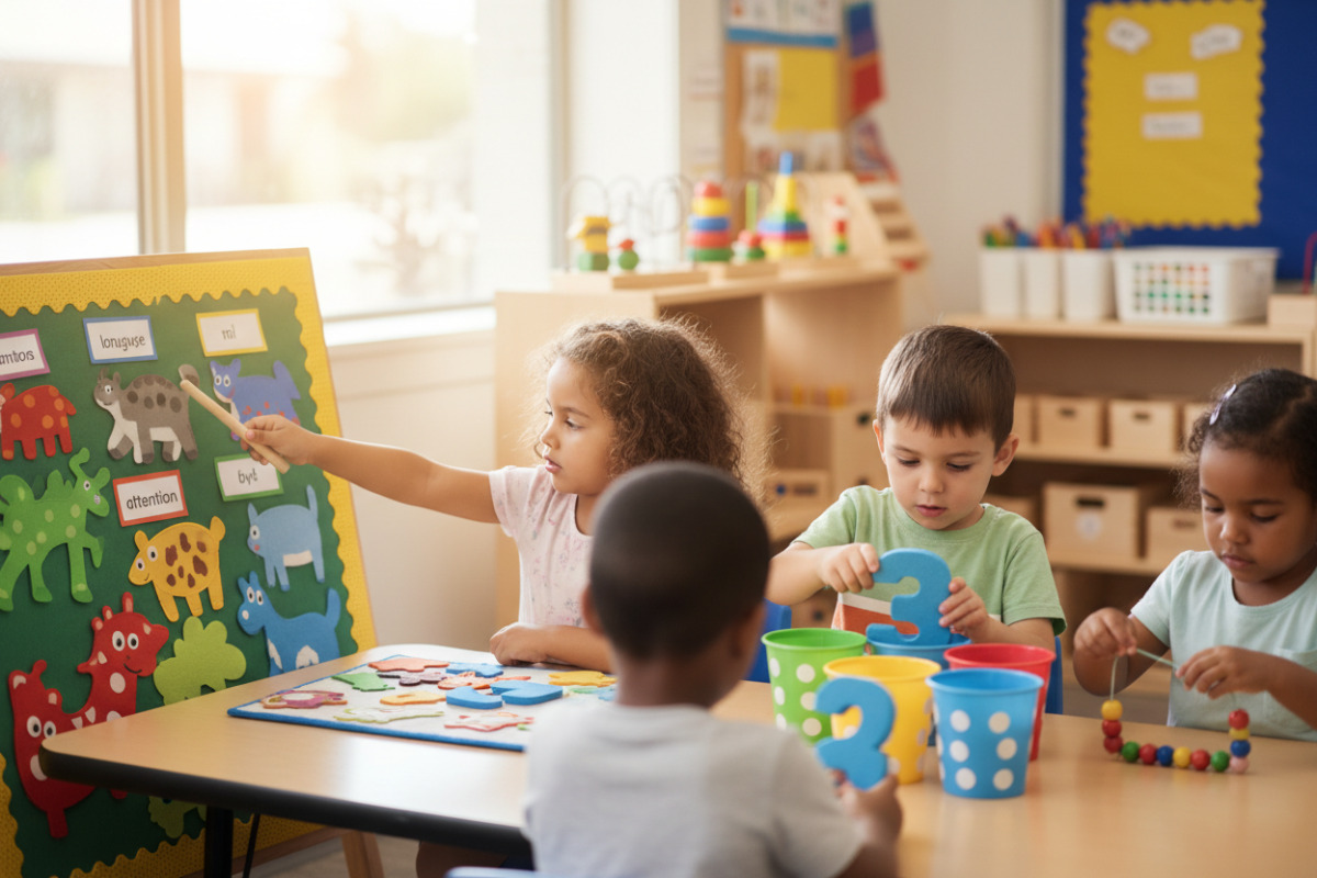 Alltagsszenen, in denen Vorschulkinder spielerisch Aufmerksamkeit, Sprache, Zahlengefühl und Feinmotorik üben