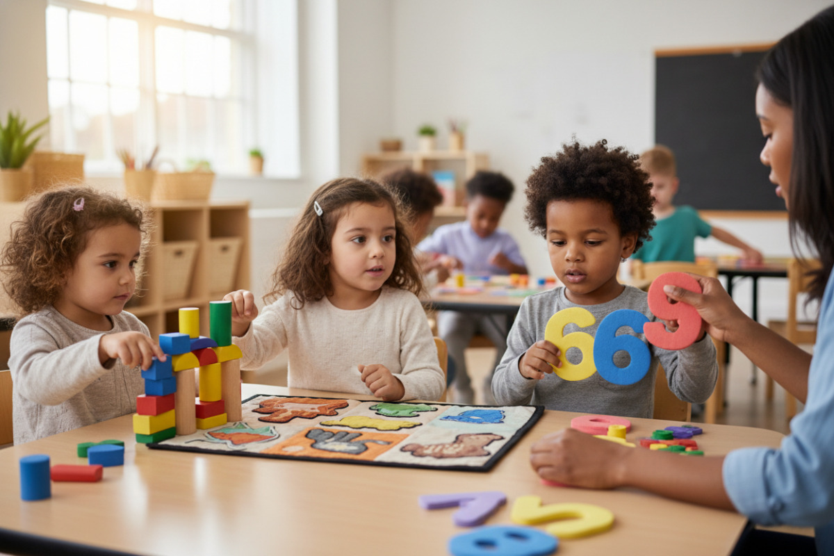 Alltagsszenen, in denen Vorschulkinder spielerisch Aufmerksamkeit, Sprache, Zahlengefühl und Feinmotorik üben
